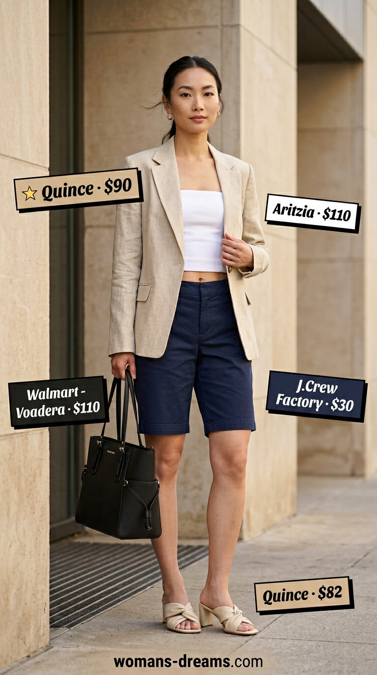 Knit summer tube top outfits 2026: Navy blazer, white knit tube top, beige shorts for modern office casual.