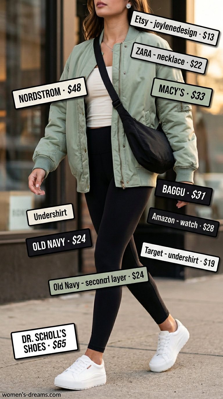 Modern knit summer tube top outfits 2026: White tube top with black leggings and a bomber jacket for a sporty travel look.