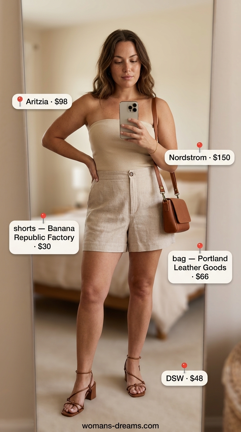 Knit summer tube top outfits 2026: Beige tube top, linen shorts for monochromatic summer chic.