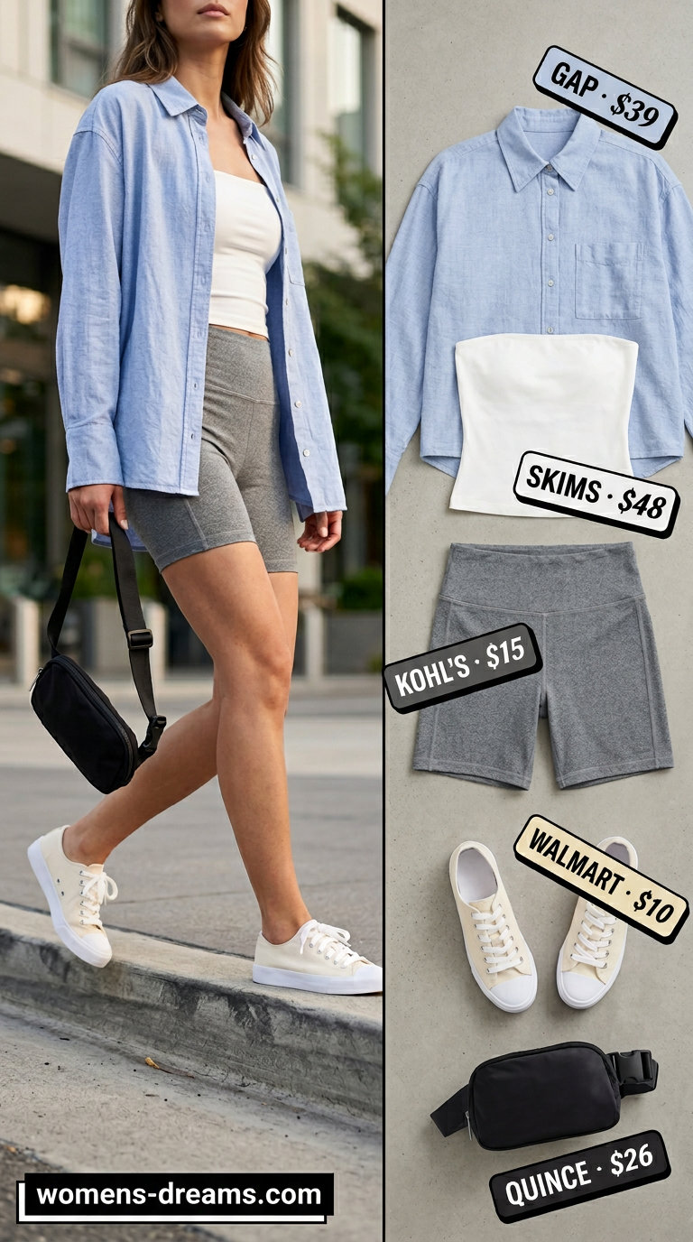 Knit summer tube top outfits 2026: White tube top, bike shorts, oversized shirt for sporty athleisure.