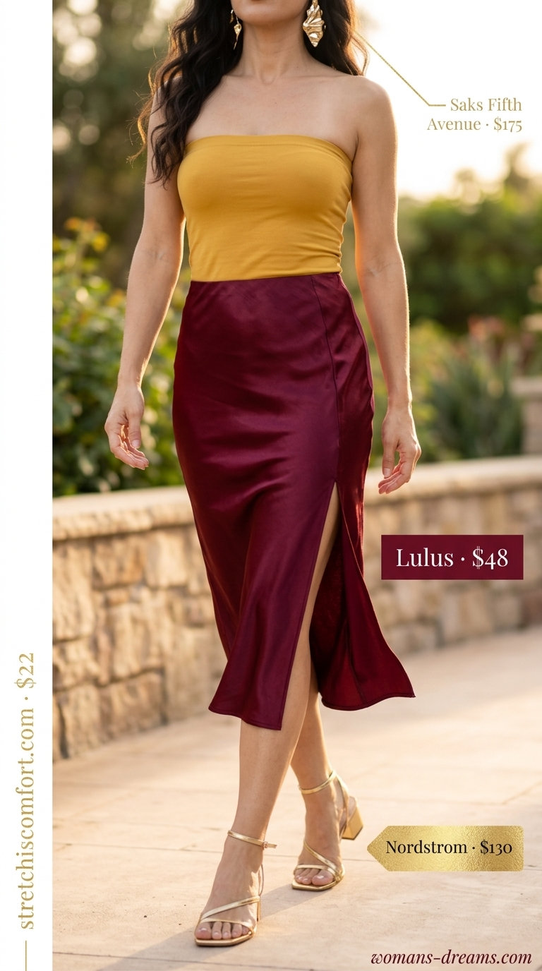 Knit summer tube top outfits 2026: Mustard yellow tube top with burgundy satin midi skirt, gold heels.