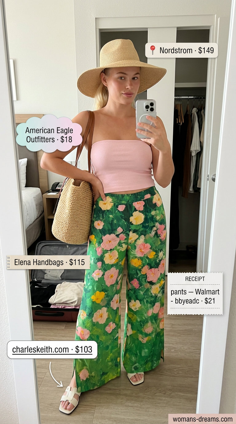 Knit summer tube top outfits 2026: Light pink tube top with floral palazzo pants, straw hat.