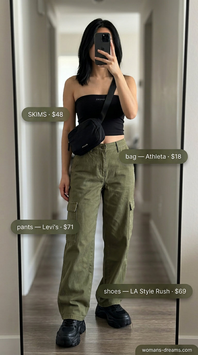 Edgy knit summer tube top outfits 2026: Black tube top with olive green cargo pants for urban exploration.