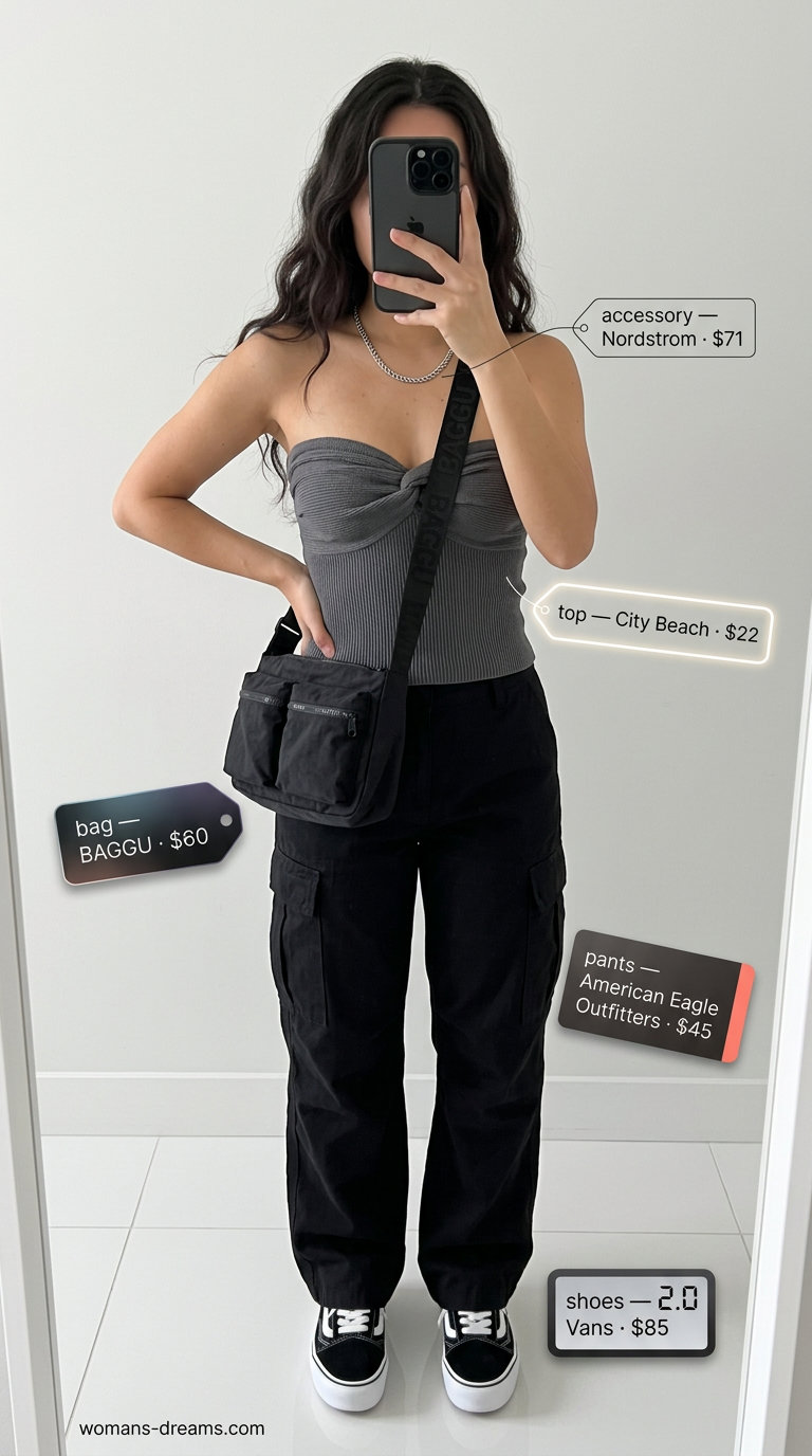 Knit summer tube top outfits 2026: Charcoal grey tube top with black cargo pants, chunky sneakers.