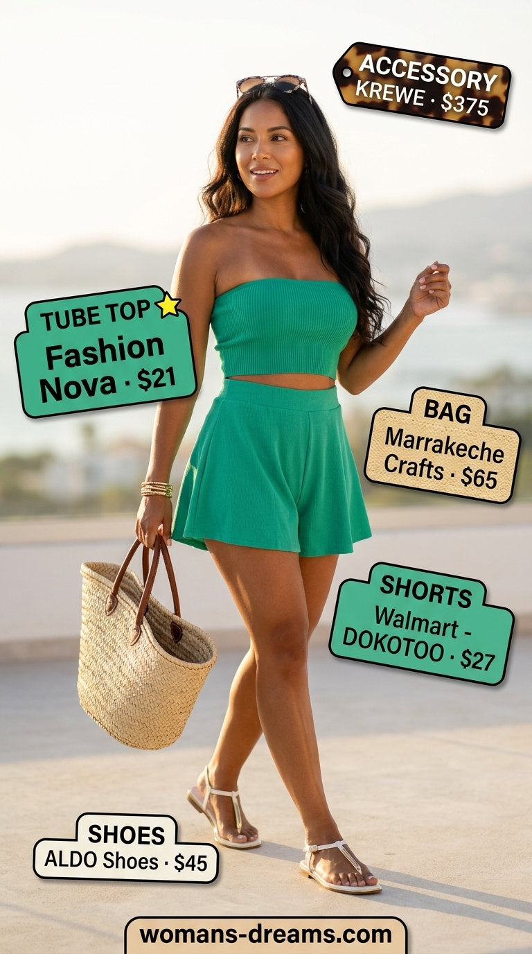 Knit summer tube top outfits 2026: Teal knit tube top and shorts set for vacation resort wear.