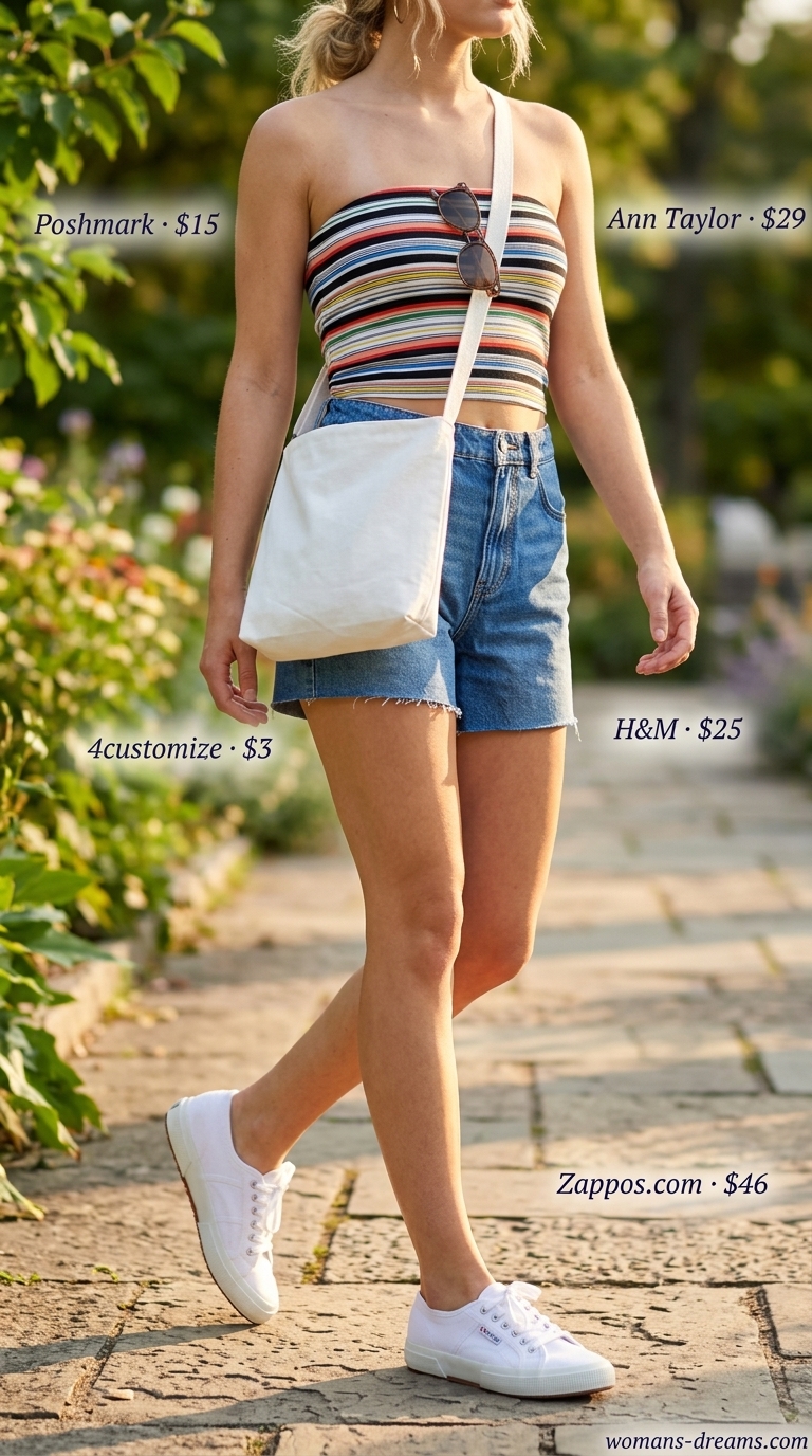 Retro knit summer tube top outfits 2026: Striped tube top with denim shorts for a vintage vibe.