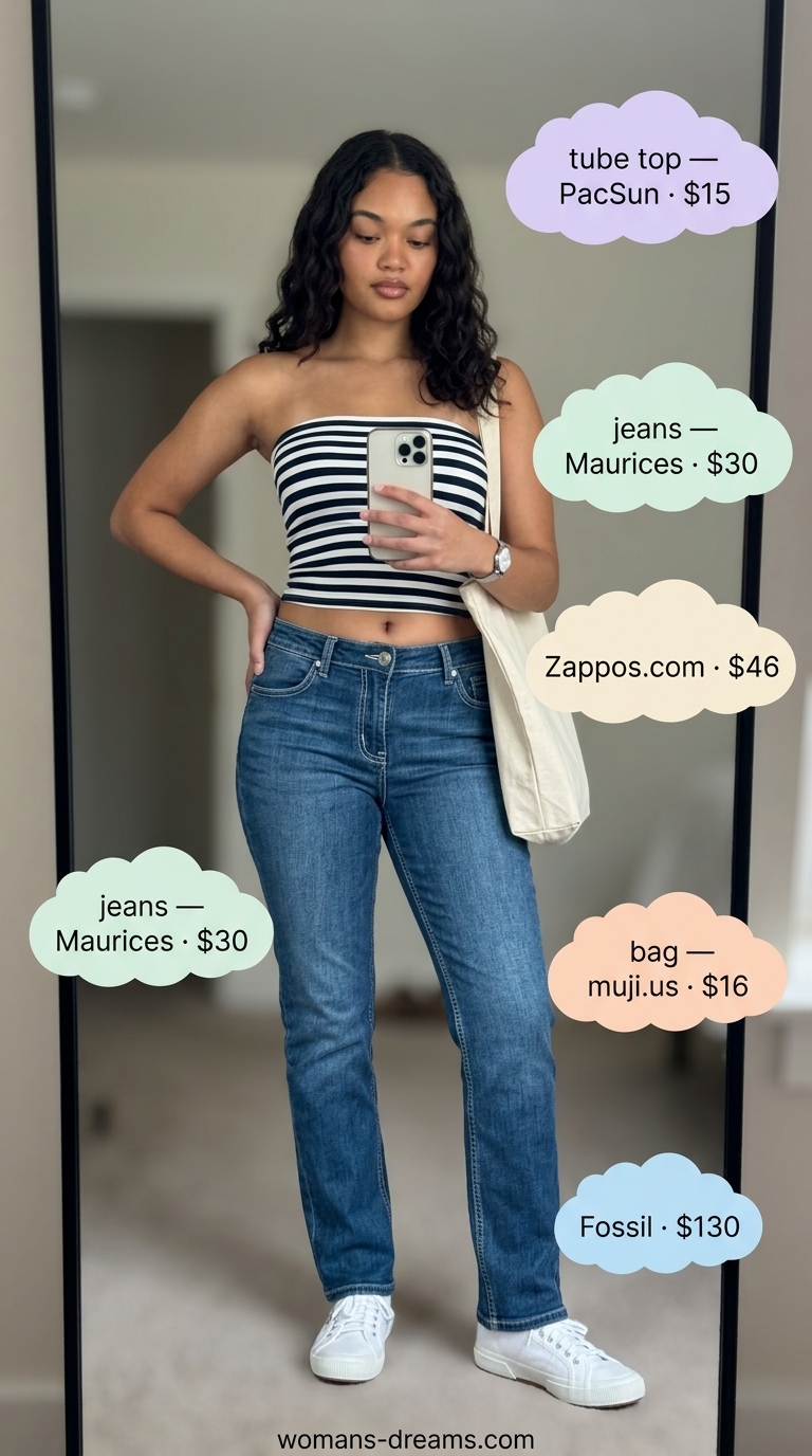 Knit summer tube top outfits 2026: Striped tube top with denim jeans, white sneakers.