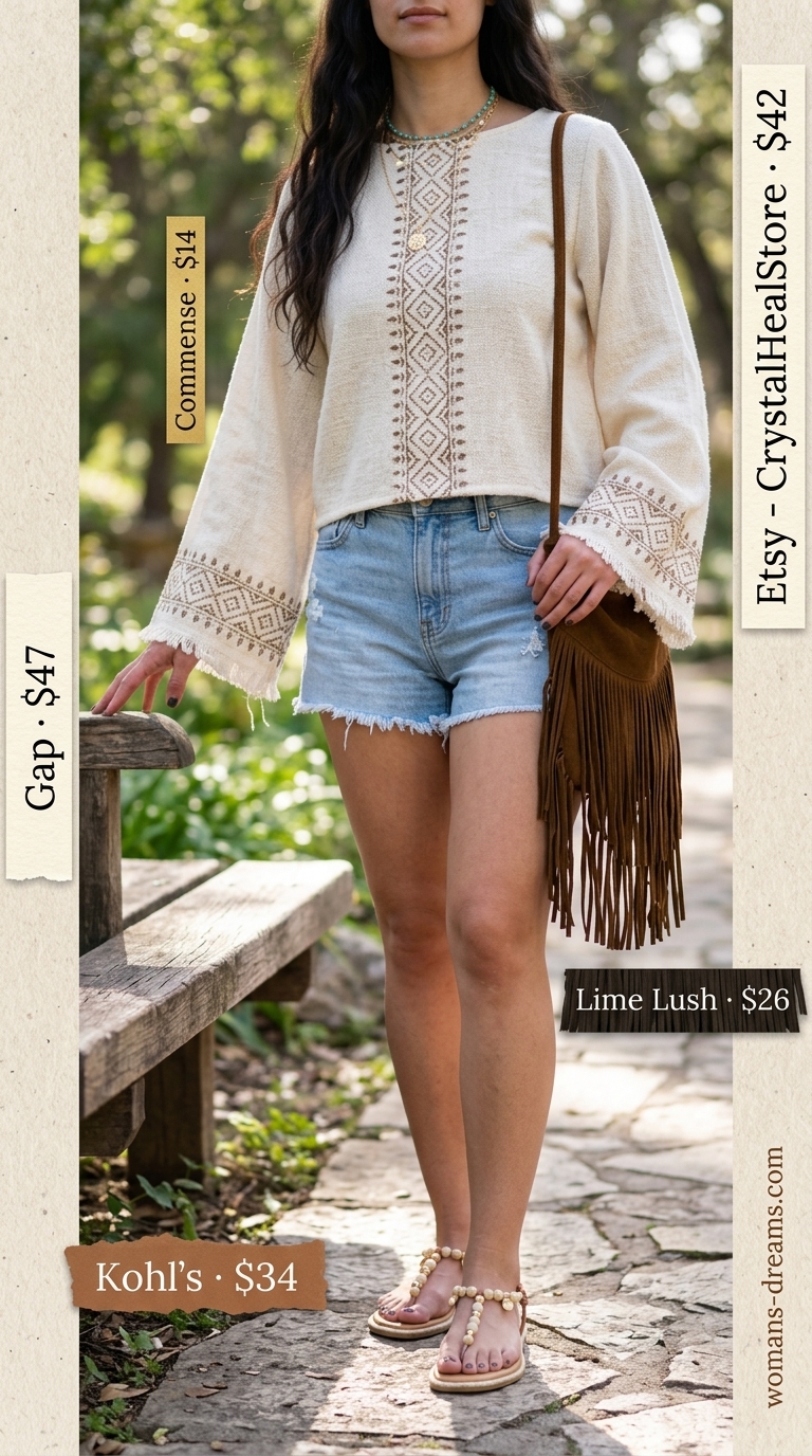 Bohemian festival outfit with light wash summer denim shorts for women 2026 and a peasant blouse.