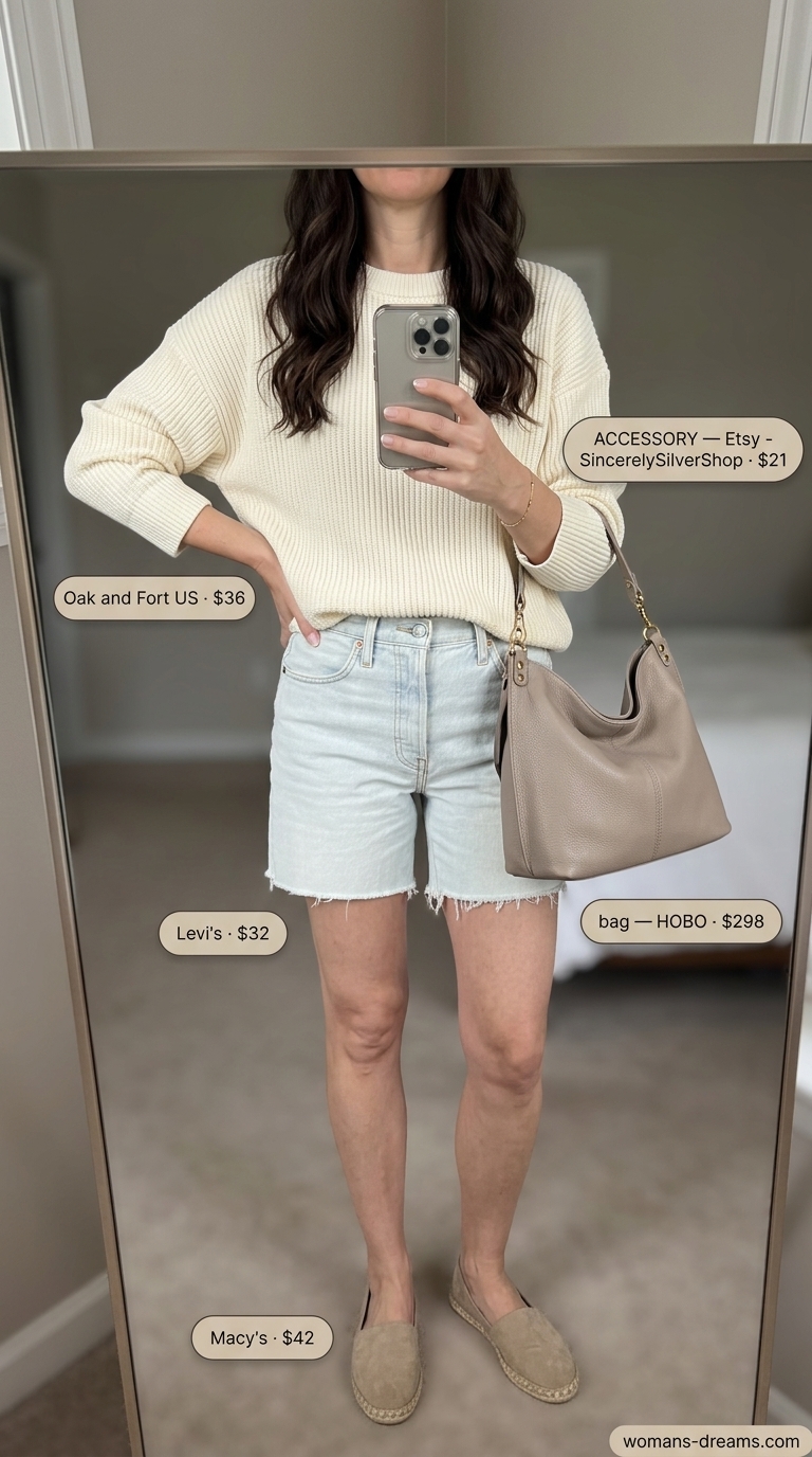 Coastal grandmother chic outfit with light wash summer denim shorts for women 2026 and knit sweater.