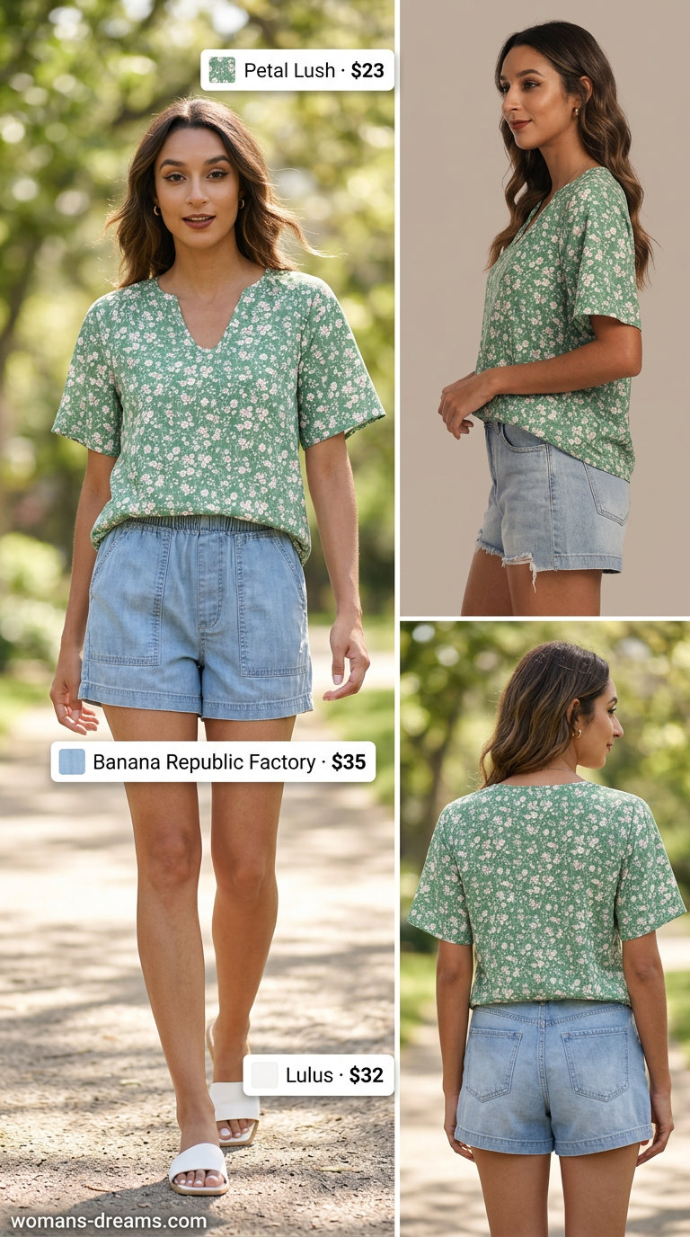 Picnic outfit with light wash summer denim shorts for women 2026 and a floral blouse.
