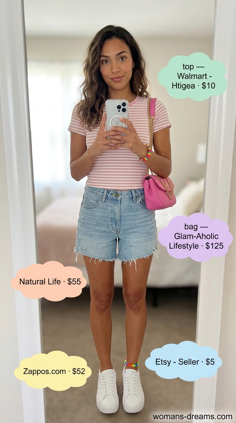 Retro Y2K outfit with light wash summer denim shorts for women 2026 and a bright pink striped knit top.