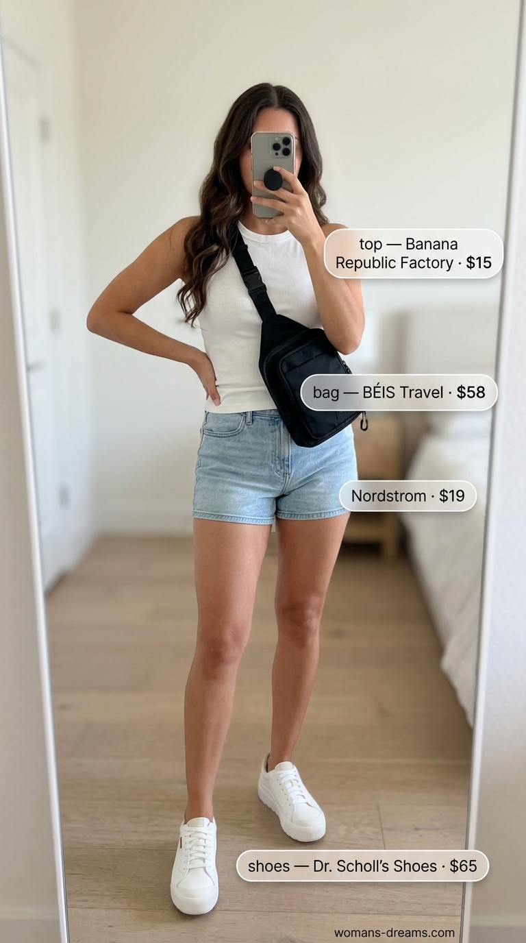 Sporty Chic outfit with light wash summer denim shorts for women 2026, athletic tank, and baseball cap.