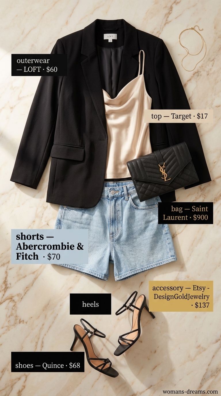 Sophisticated evening look with light wash summer denim shorts for women 2026 and a blazer.