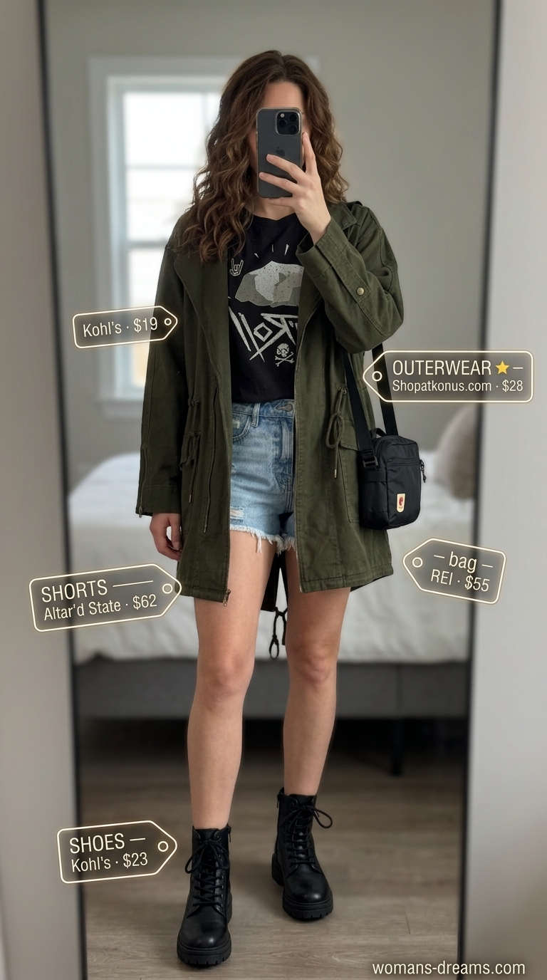 Urban Explorer outfit with light wash summer denim shorts for women 2026, utility jacket, and combat boots.