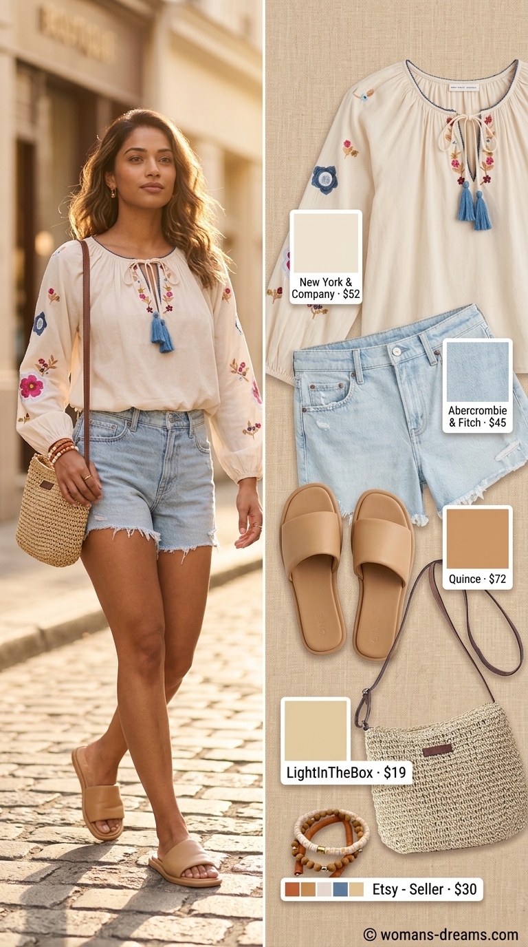 Boho beach outfit: light wash denim shorts, cream peasant blouse, tan slides & straw bag.