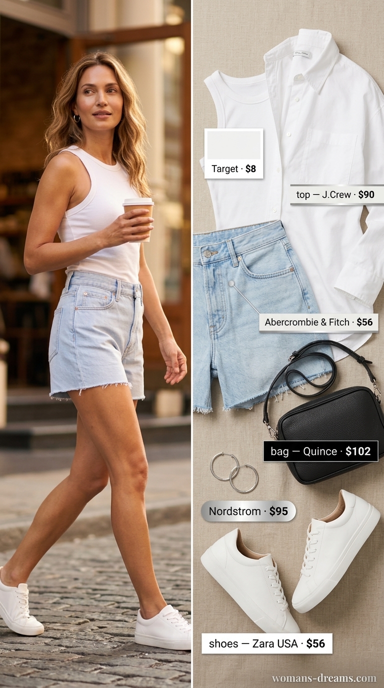 City explorer outfit: light wash denim shorts, white shirt, ribbed tank, sneakers & crossbody.