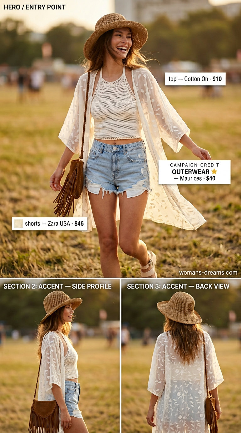 Festival outfit: light wash denim shorts, crochet crop top, kimono, floppy hat & platform sandals.