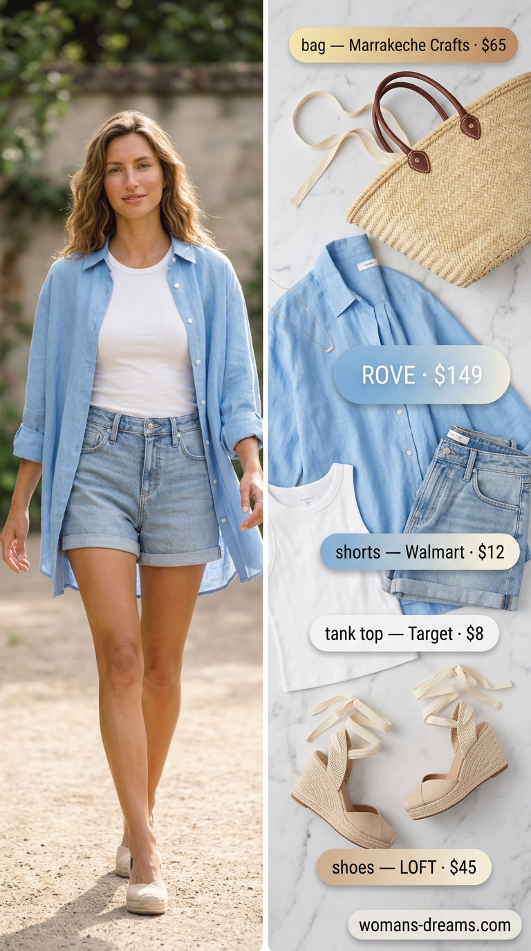 Sunset cruise outfit: light wash denim shorts, sky blue linen shirt, white tank & espadrilles.