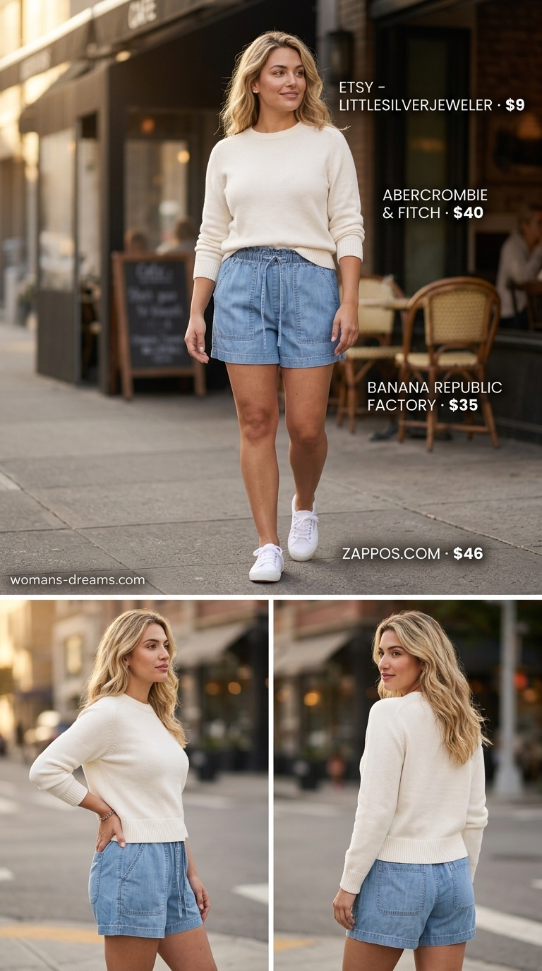 Weekend farmer's market: light wash denim shorts, cream knit sweater, canvas sneakers & tote.