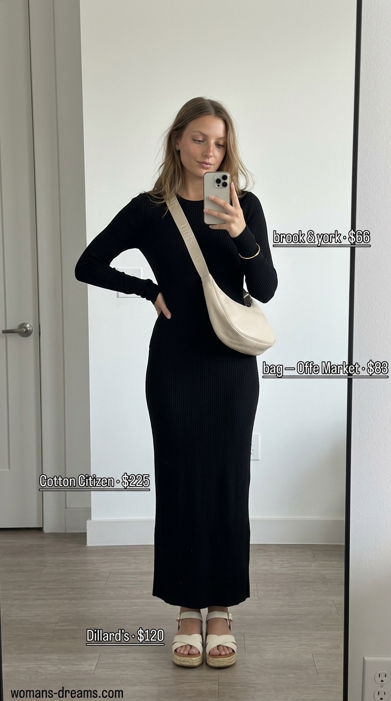 Modest summer maxi outfits for women 2026: Black knit maxi dress, espadrilles, and crescent bag for urban chic.