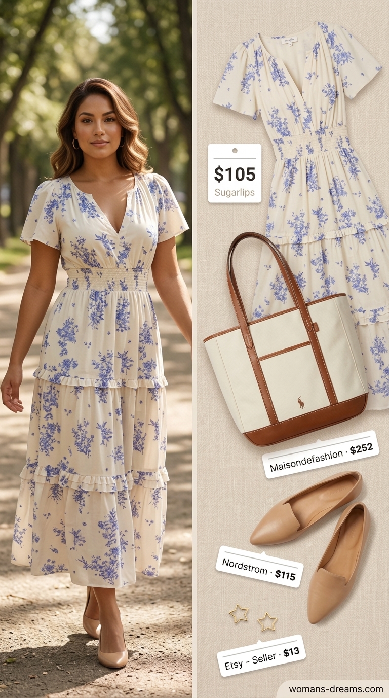 Modest summer maxi outfits for women 2026: Blue print maxi dress, loafers, and structured tote for art galleries.
