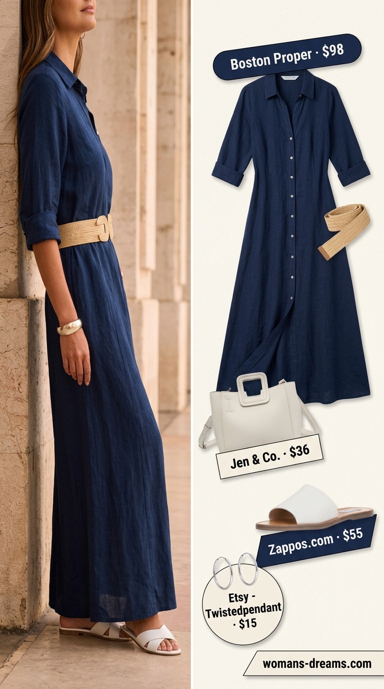 Modest summer maxi outfit: Navy collared shirt dress, white slides, silver hoops, structured tote for coastal city chic.