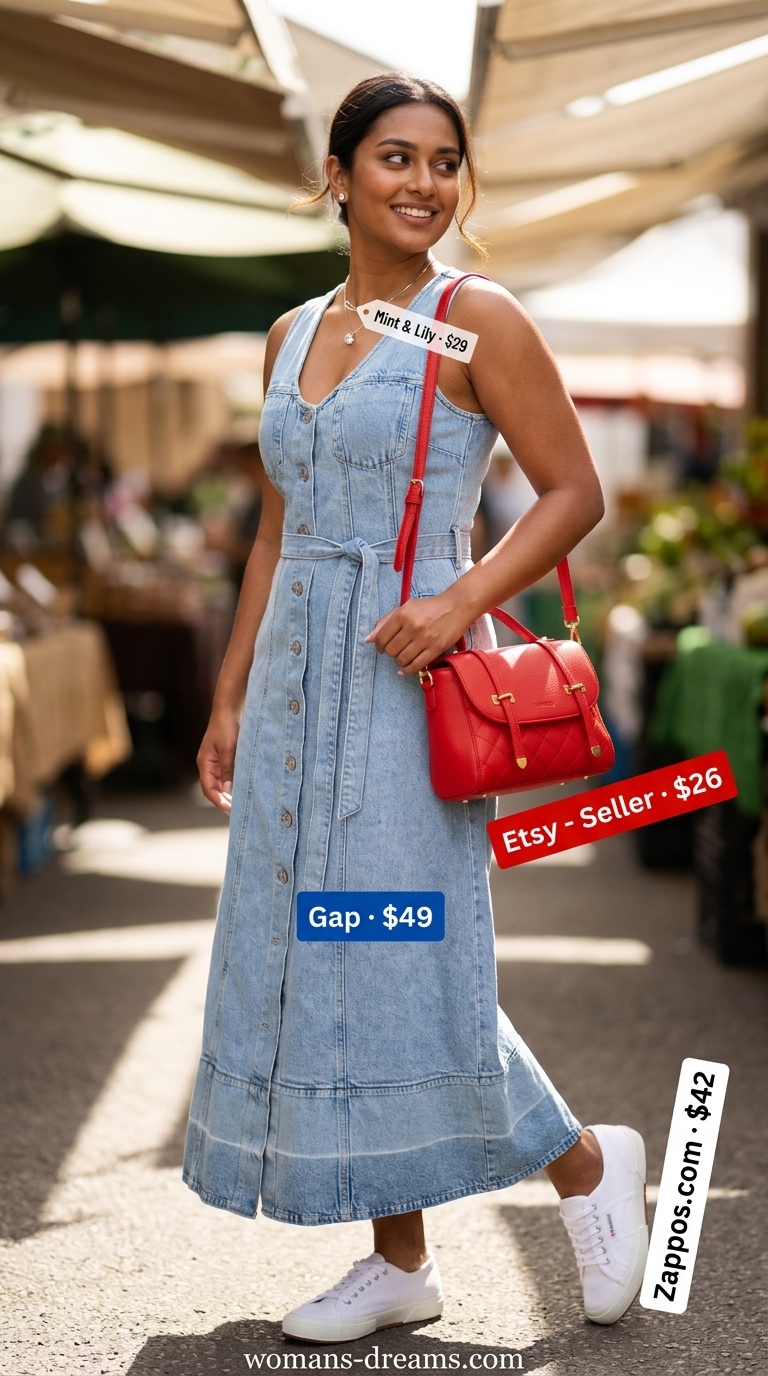 Modest summer maxi outfit: Denim button-front dress, white sneakers, red crossbody bag for classic weekend day out.