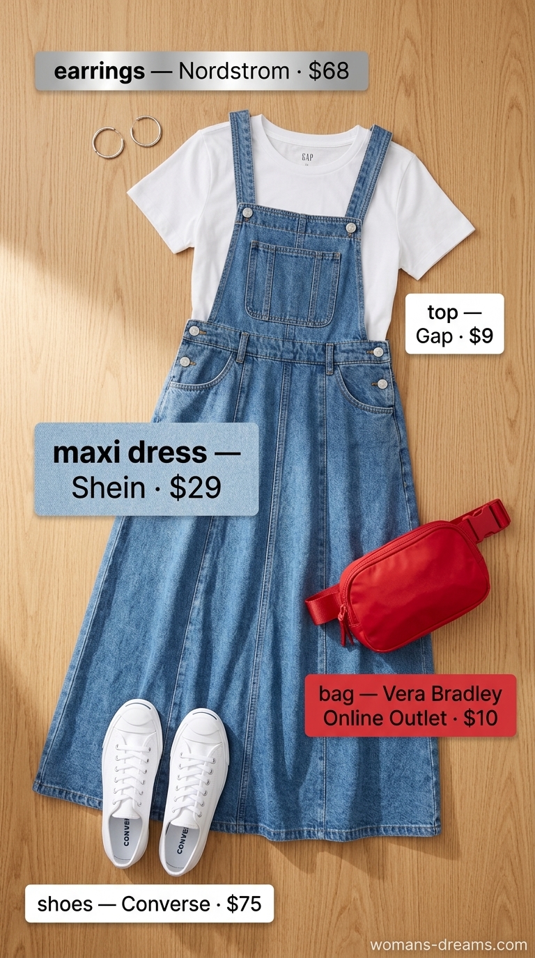 Modest summer maxi outfits for women 2026: Denim overall maxi dress, white tee, and red belt bag for casual weekends.