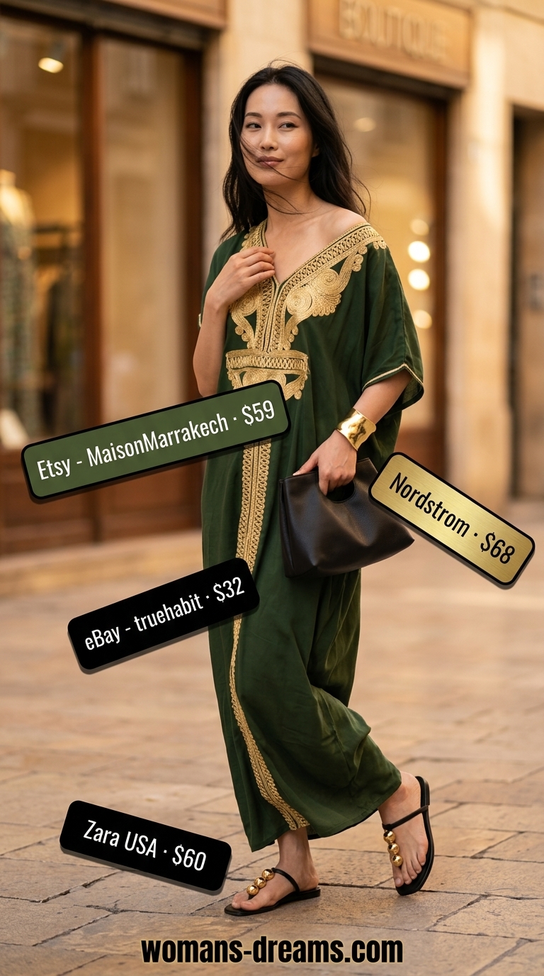 Modest summer maxi outfit: Olive green abstract caftan dress, gold cuff, black clutch, embellished sandals for vacation dinner.