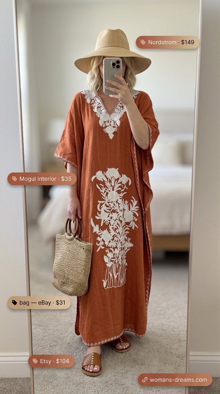 Modest summer maxi outfits for women 2026: Terracotta kaftan maxi dress, straw tote, and flat sandals for vacation.