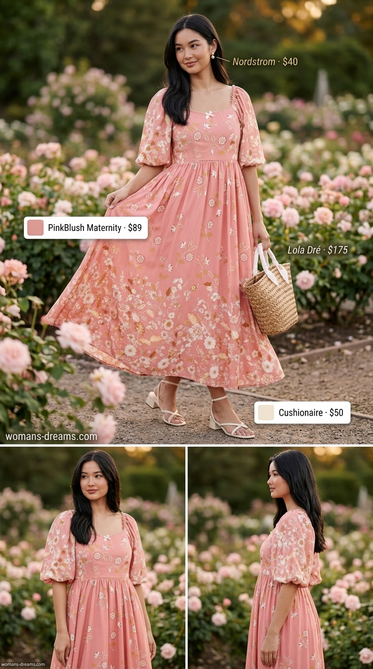 Modest summer maxi outfits for women 2026: Blush pink floral maxi dress, block heels, and straw tote for garden parties.