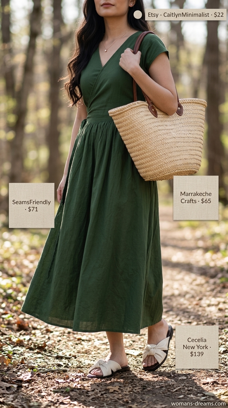 Modest summer maxi outfit: Forest green wrap dress, ivory sandals, pearl earrings, straw tote for picnic.