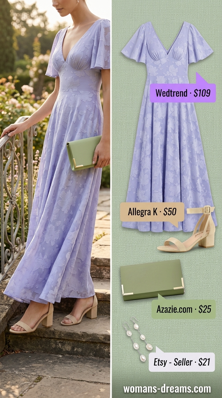 Modest summer maxi outfit: Lavender floral chiffon dress, sage green clutch, pearl earrings, beige block heels for garden party.