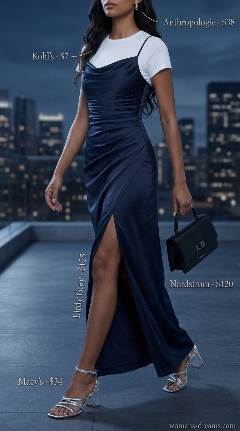 Modest summer maxi outfits for women 2026: Navy satin maxi dress, ivory tee, and silver sandals for date night.