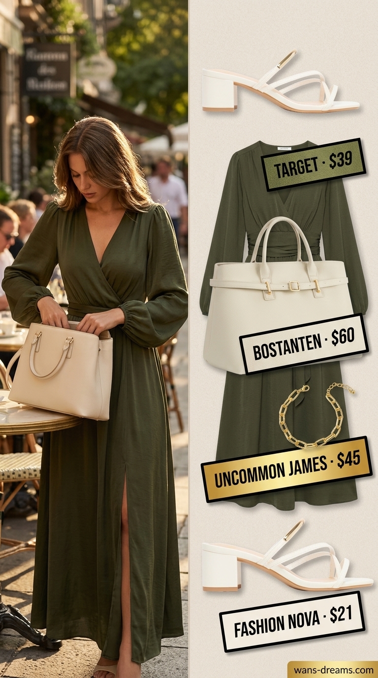 Modest summer maxi outfits for women 2026: Olive green wrap maxi dress, heeled mules, and gold bracelet for brunch.