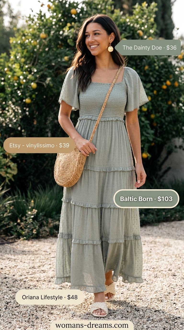 Modest summer maxi outfits for women 2026: Sage green tiered maxi dress, straw bag, and cream sandals for picnics.