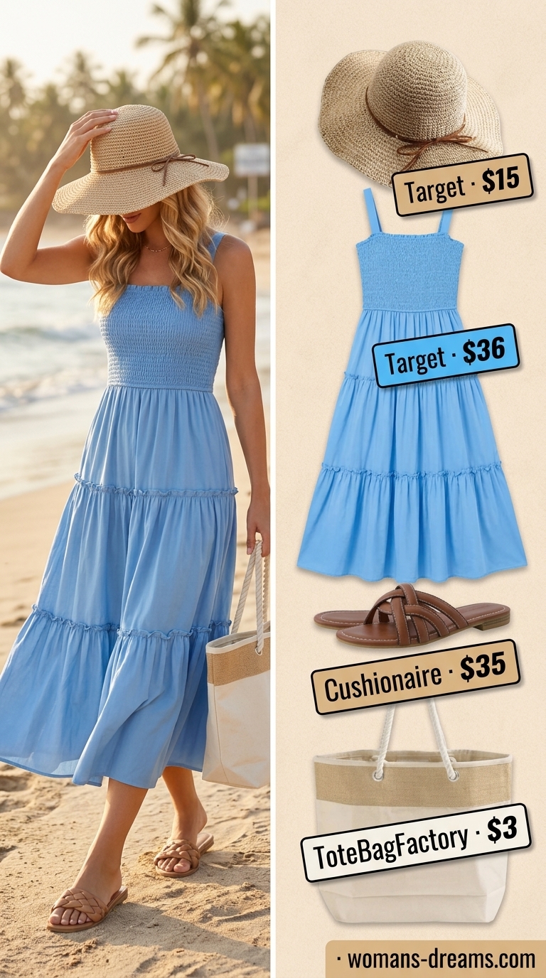 Modest summer maxi outfit: Sky blue smocked dress, tan sandals, straw hat, canvas tote for seaside vacation.