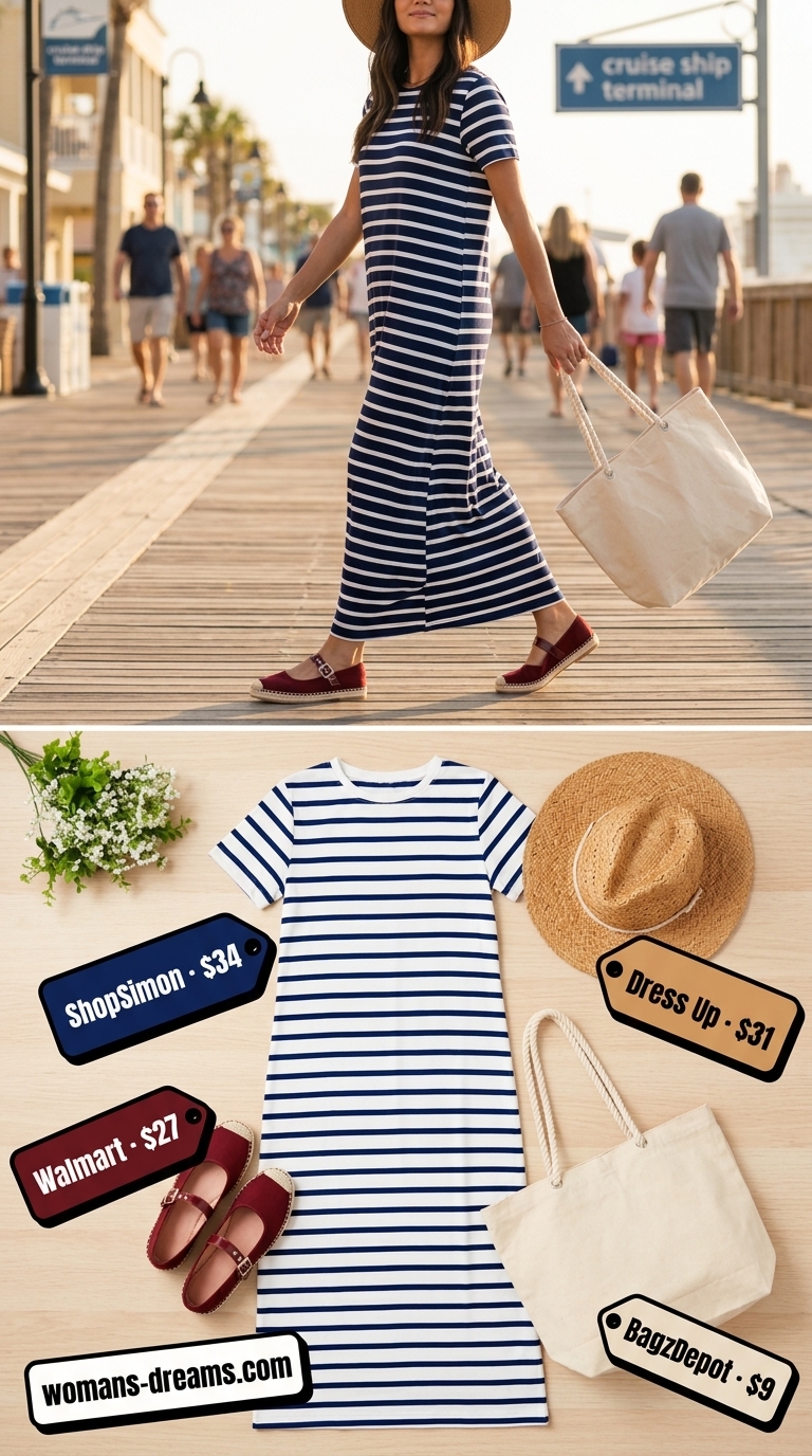 Modest summer maxi outfits for women 2026: Striped t-shirt maxi dress, straw hat, and espadrilles for island getaways.
