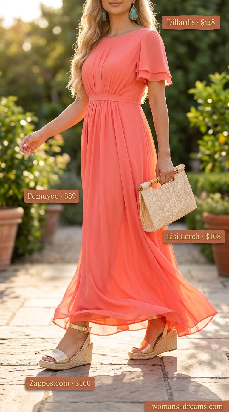 Modest summer maxi outfit: Coral pleated chiffon dress, jute wedges, straw clutch, turquoise statement earrings for summer party.