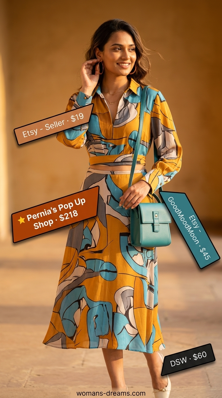 Modest summer maxi outfit: Mustard yellow abstract dress, black platform sandals, teal crossbody bag for sunny gallery visit.