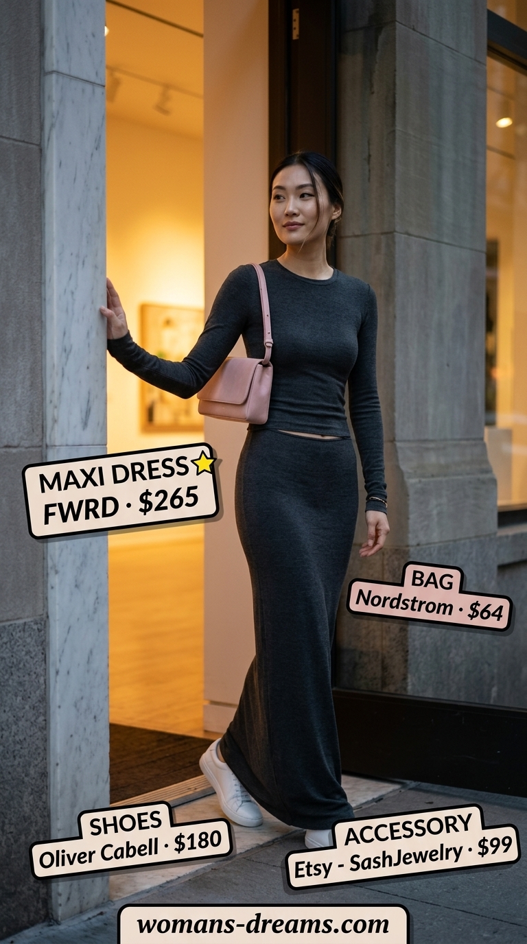 Modest summer maxi outfit: Charcoal grey ribbed jersey dress, blush pink bag, white sneakers, rose gold bracelet for urban comfort.