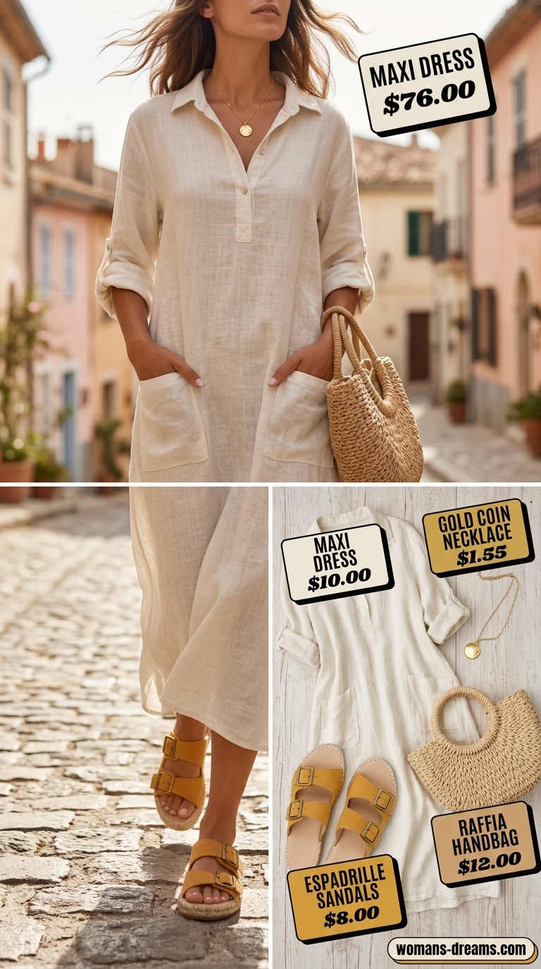 Modest summer maxi outfits for women 2026: White linen shirt dress, espadrilles, and straw bag for coastal vibes.