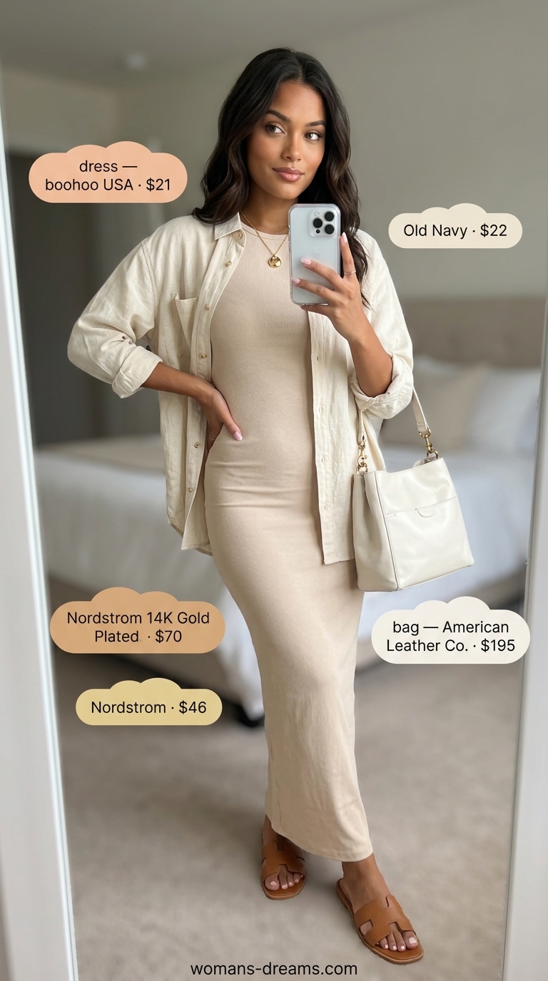 Beige knit maxi dress with cream shirt for modest summer outfits for women 2026. Effortless everyday style.