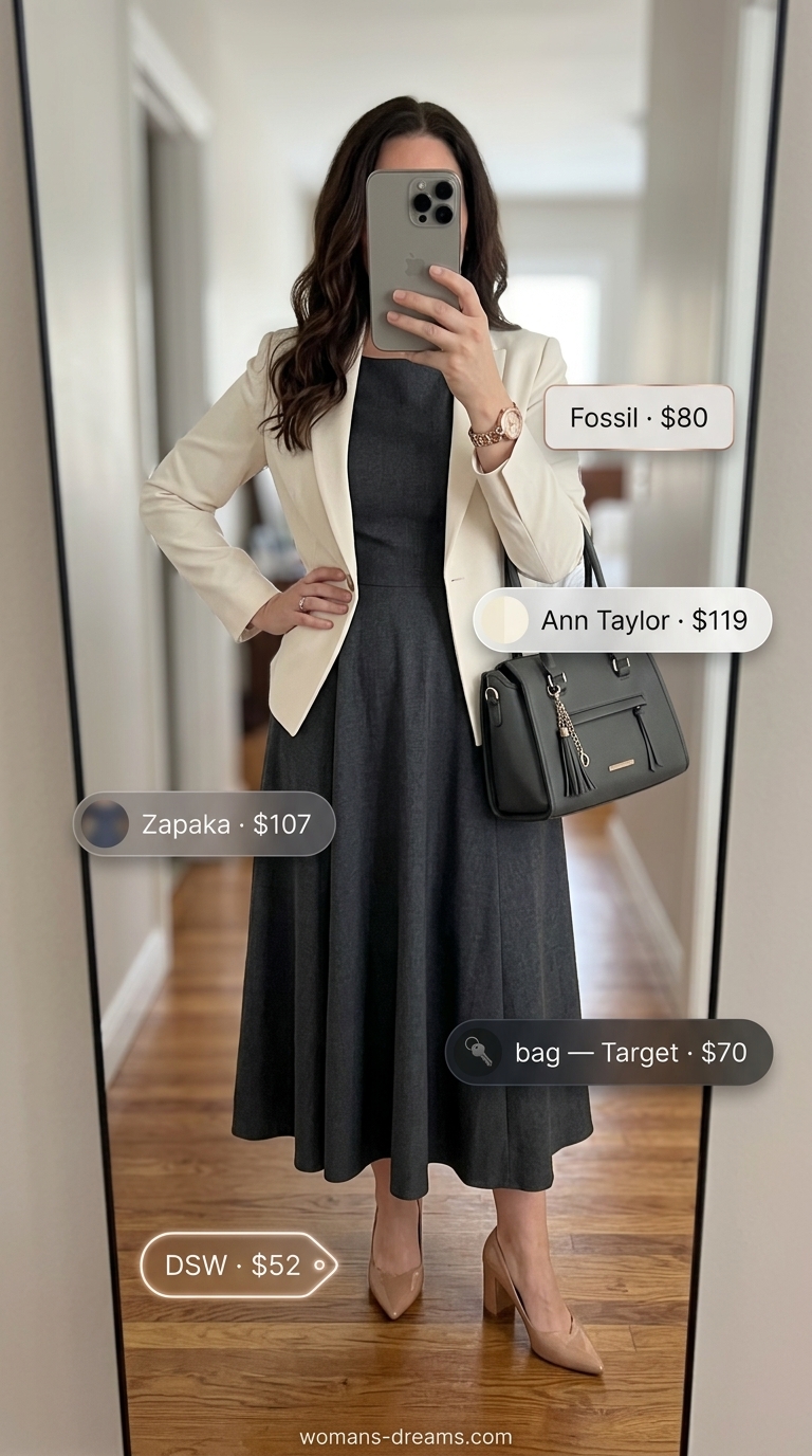 Charcoal gray maxi dress with blazer for modest summer outfits for women 2026. Polished professional look.
