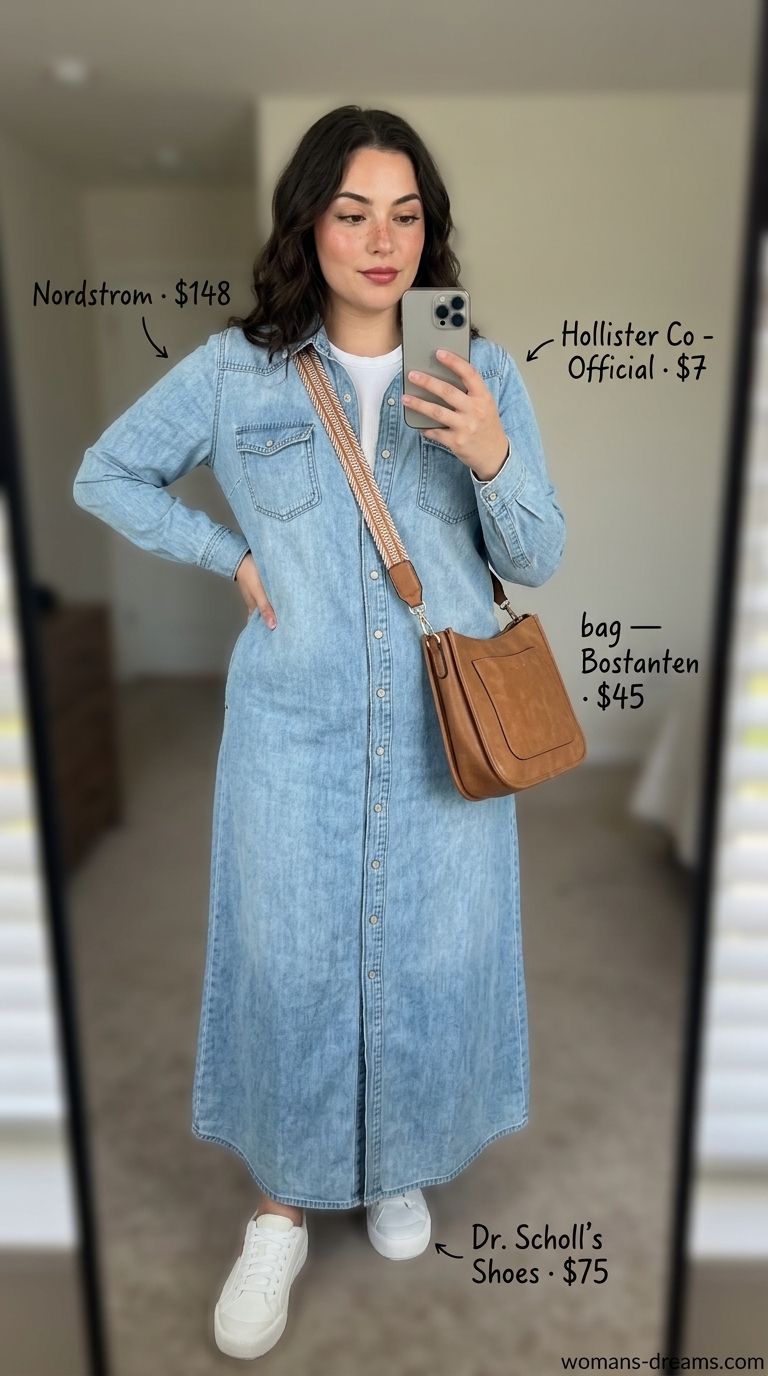 Light wash denim maxi dress with t-shirt for modest summer outfits for women 2026. Casual weekend style.
