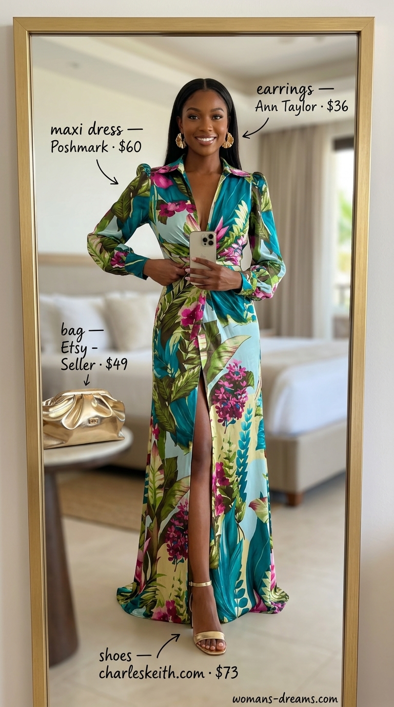 Emerald green maxi dress with gold accessories for modest summer outfits for women 2026. Perfect for resort dinners.