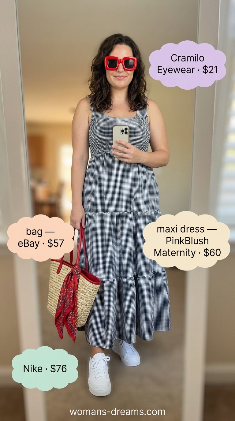 Black and white gingham maxi dress with sneakers for modest summer outfits for women 2026. Whimsical picnic style.