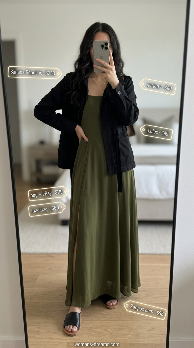 Olive green modest maxi dress with utility jacket for modest summer outfits for women 2026. Ideal for city sightseeing.