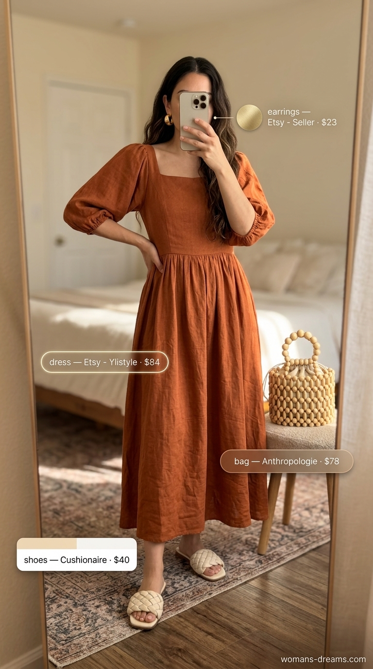 Rust orange smocked maxi dress with raffia bag for modest summer outfits for women 2026. Relaxed resort wear.