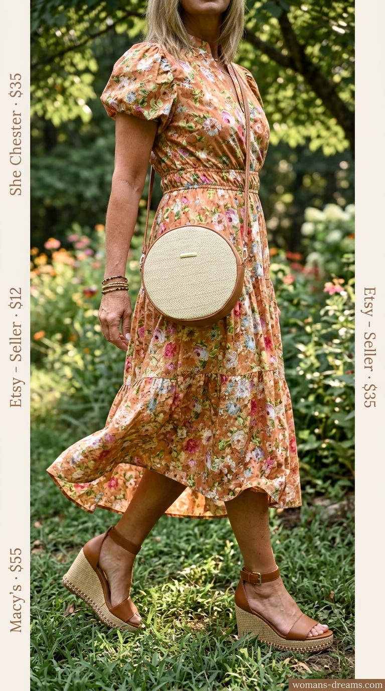 Terracotta floral maxi dress with straw bag for modest summer outfits for women 2026. Bohemian garden party style.